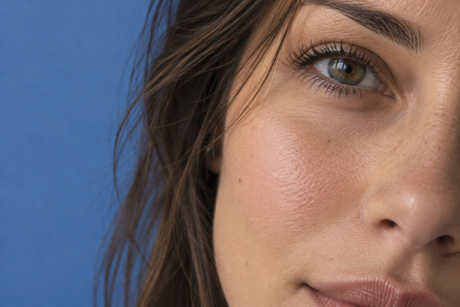 Close-up of a woman's face against a blue background