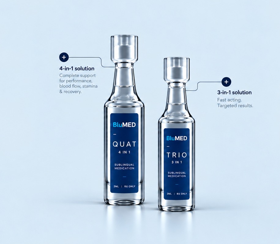 BluMED QUAT 4-in-1 and TRIO 3-in-1 sublingual bottles with solution callouts