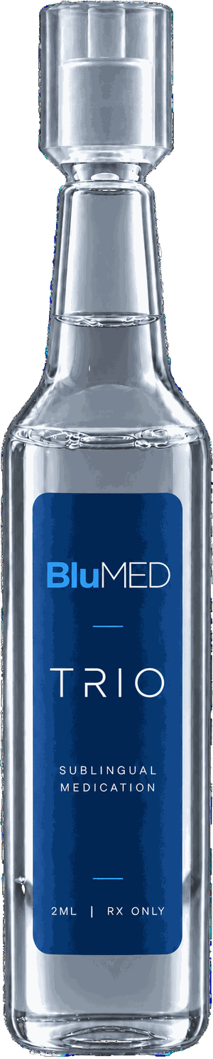 BluMED TRIO 60 mL bottle with amber formula and label facing forward