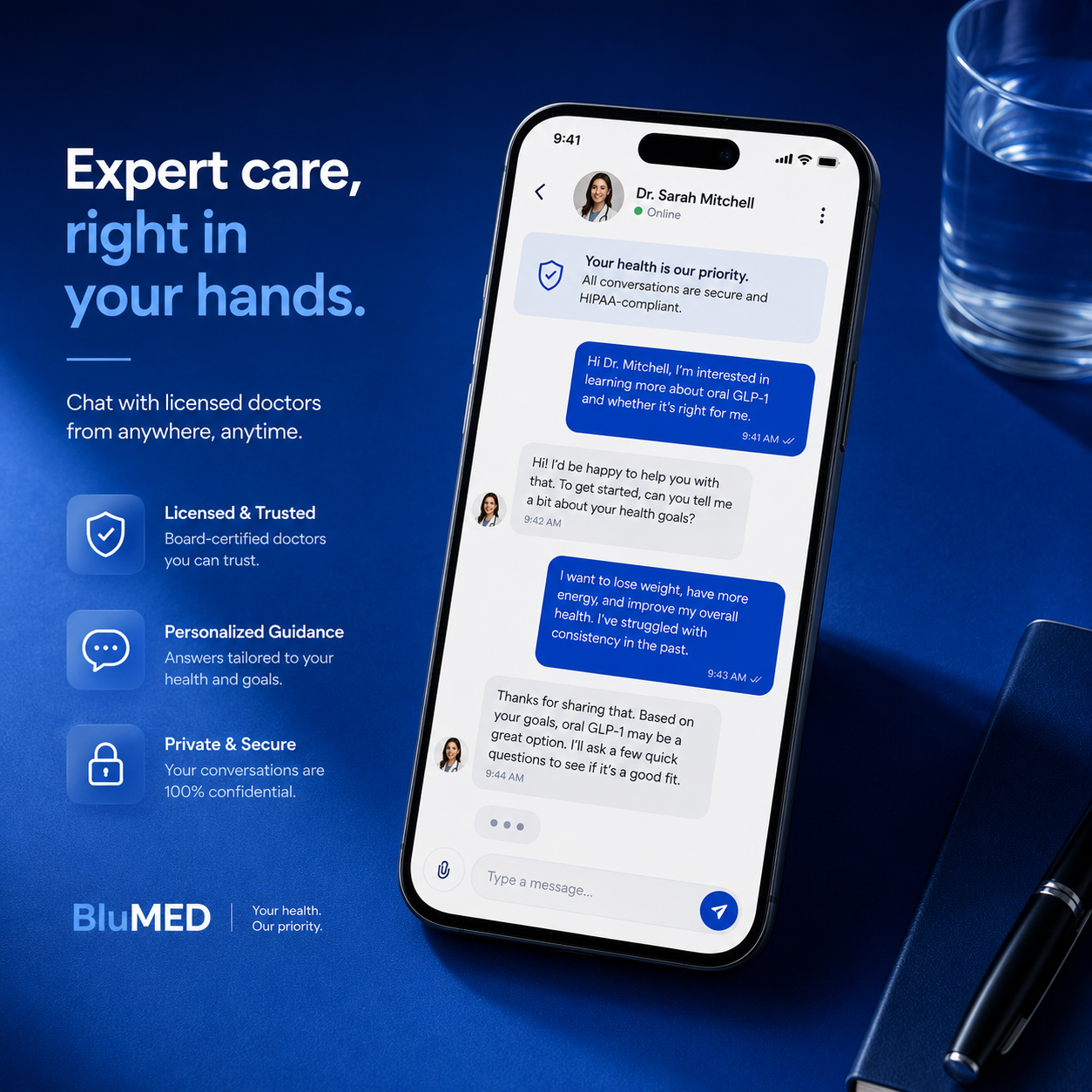 Chat with a BluMED clinician on a phone