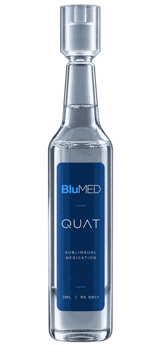 BluMED QUATRO 60 mL bottle with amber formula and label facing forward