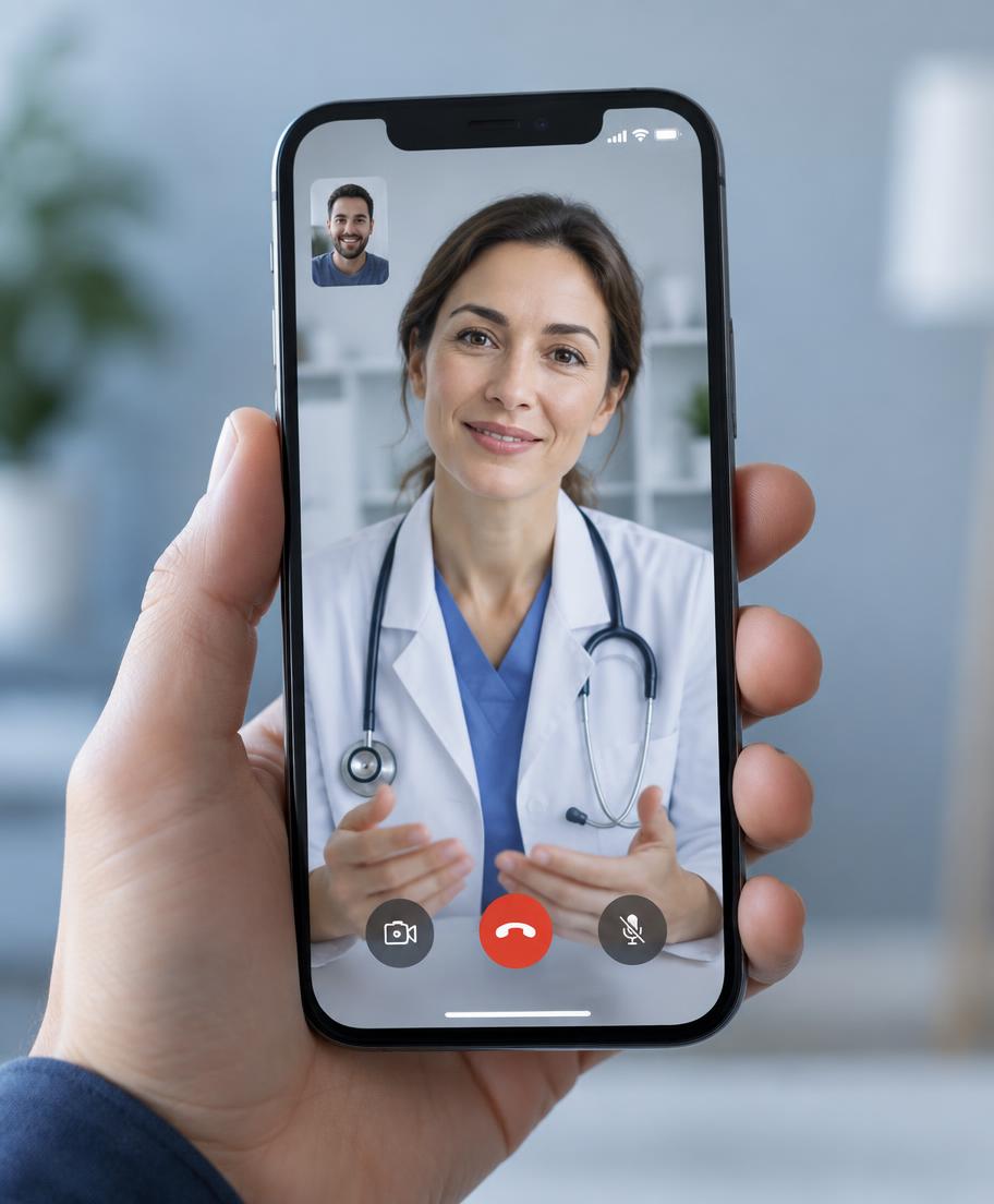 Patient holding a phone during a video consultation with a BluMED clinician
